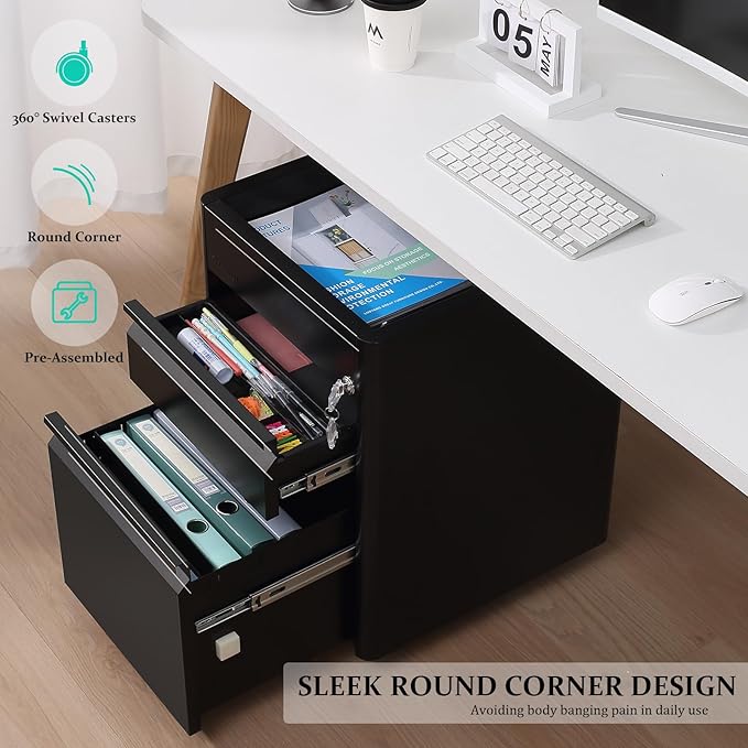2 Drawer Mobile File Cabinet Top Storage Shelf, Rolling Metal Filing Cabinet for Legal & Letter File Anti-tilt Design with Lock Under Desk Office Drawers Fully Assembled Except Casters(Top ST B)