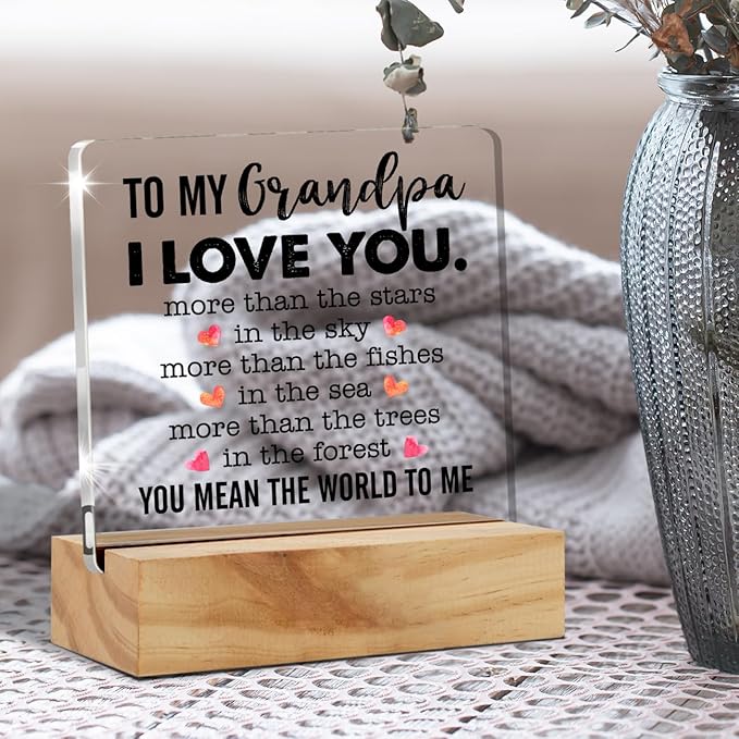 Gifts for Grandfather Papa from Grandson Granddaughter, to My Grandpa Desk Decor Acrylic Desk Plaque Sign with Wood Stand Home Office Desk Sign Keepsake Father's Day Present