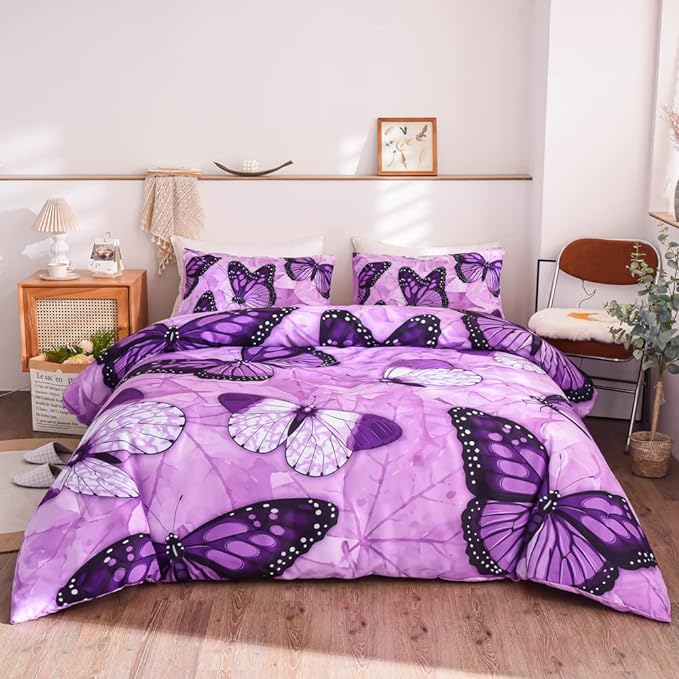 Btargot 3 Piece Purple Butterfly Girls Kids Adults Queen Size Comforter Set, Lightweight Soft All Season Bedding Set with 2 Pillowcases
