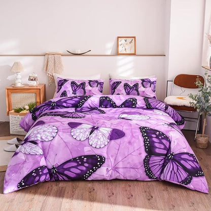 Btargot 3 Piece Purple Butterfly Girls Kids Adults Queen Size Comforter Set, Lightweight Soft All Season Bedding Set with 2 Pillowcases