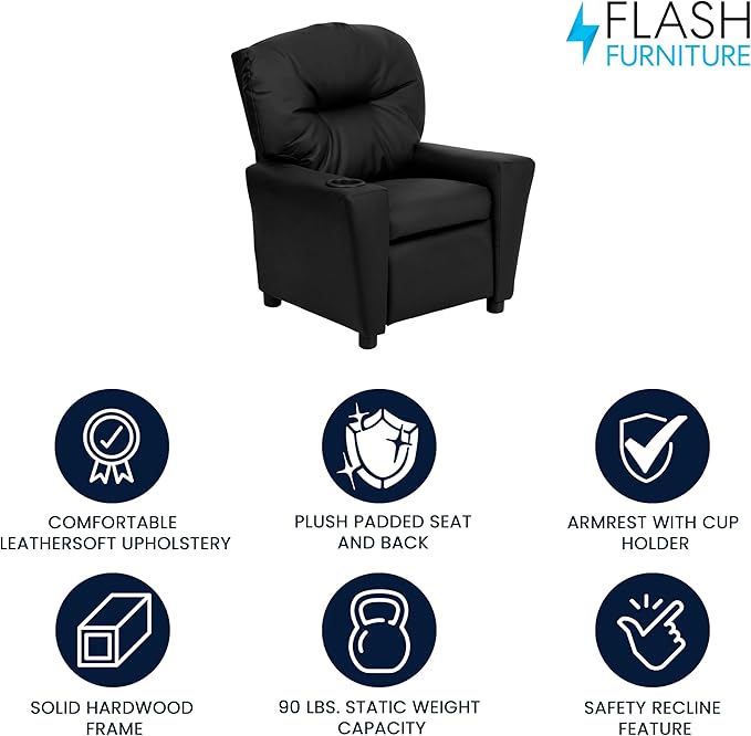 Flash Furniture Chandler LeatherSoft Kids Recliner with Cup Holder and Safety Recline, Contemporary Reclining Chair for Kids, Supports up to 90 lbs., Black