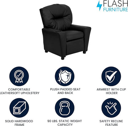 Flash Furniture Chandler LeatherSoft Kids Recliner with Cup Holder and Safety Recline, Contemporary Reclining Chair for Kids, Supports up to 90 lbs., Black