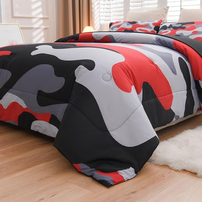 Meeting Story Camouflage Bedding Set, Colorful Pattern Style Comforter Set, 5 PCS One Comforter Two Pillowcases Two Sheets in One Bag, All Season Bedspread for Kids Teens Adults (Black, Twin 5Pcs)