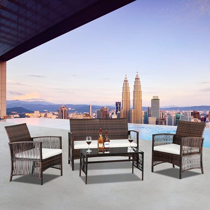 Outvita 4 Pieces Patio Furniture Set, Rattan Conversation Sets with Loveseat Soft Cushion and Glass Table for Garden Backyard Balcony Porch Poolside (Brown)