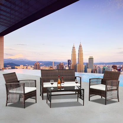Outvita 4 Pieces Patio Furniture Set, Rattan Conversation Sets with Loveseat Soft Cushion and Glass Table for Garden Backyard Balcony Porch Poolside (Brown)