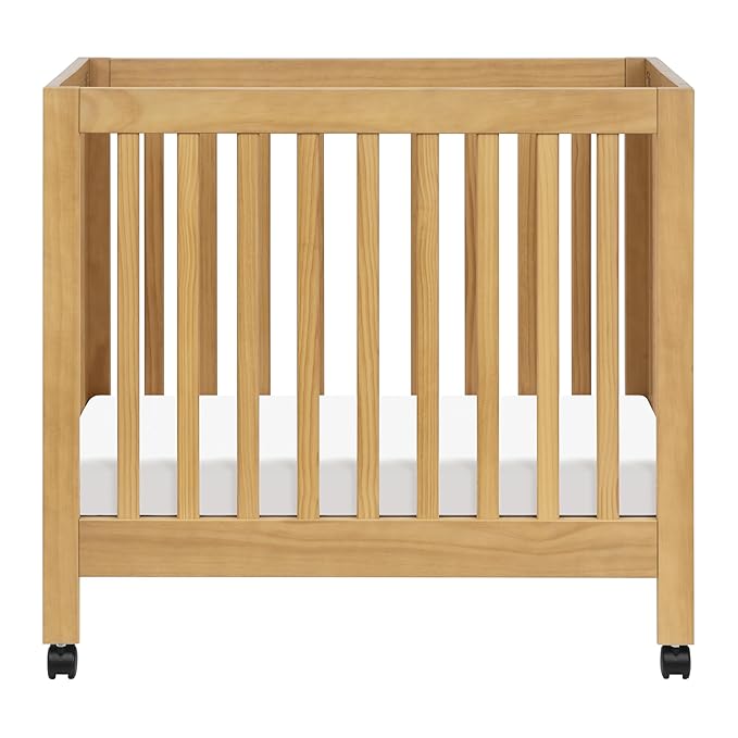 Babyletto Origami Mini Portable Crib Folding with Wheels in Honey, 2 Adjustable Mattress Positions, Greenguard Gold Certified