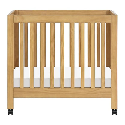 Babyletto Origami Mini Portable Crib Folding with Wheels in Honey, 2 Adjustable Mattress Positions, Greenguard Gold Certified