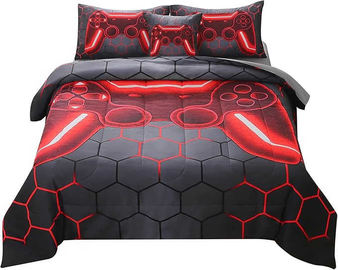 JQinHome Queen Gamer Comforter Set for Boys Girls Kids,6 Piece Bed in A Bag 3D Video Game Bedding -All Season Soft Microfiber Down Alternative Comforter Gamer Bedding Sets with Sheets （Red）