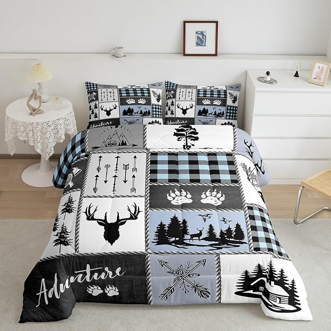 Deer Bear Kids Comforter Set King Size,Hunting Adventure Rustic Farmhouse Bedding Set for Boys Girls Adults Room Decor,Geometric Plaid Patchwork Down Comforter,Blue Xmas Duvet Insert,2 Pillowcases