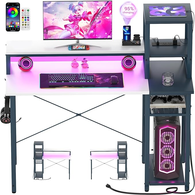 armocity 2024 Upgrade Gaming Desk with LED Lights, Small Computer Desk with Long Monitor Stand, 40'' Reversible Laptop Table with Shelves, Small Desk for Small Spaces, Gaming Room, White and Blue