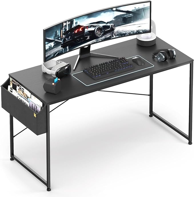 MoNiBloom Computer Desk 55", Simple Style Home Gaming Desk with Storage Bag, Office Writing Workstation- Black