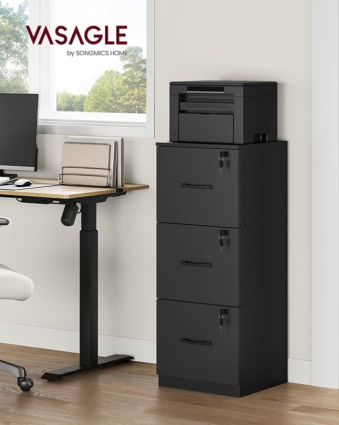 VASAGLE 3-Drawer Vertical File Cabinet, Filing Cabinet for Home Office, Printer Stand, with 3 Lockable Drawers, Adjustable Hanging Rail, for A4 and Letter-Size Files, Ink Black UOFC055B16