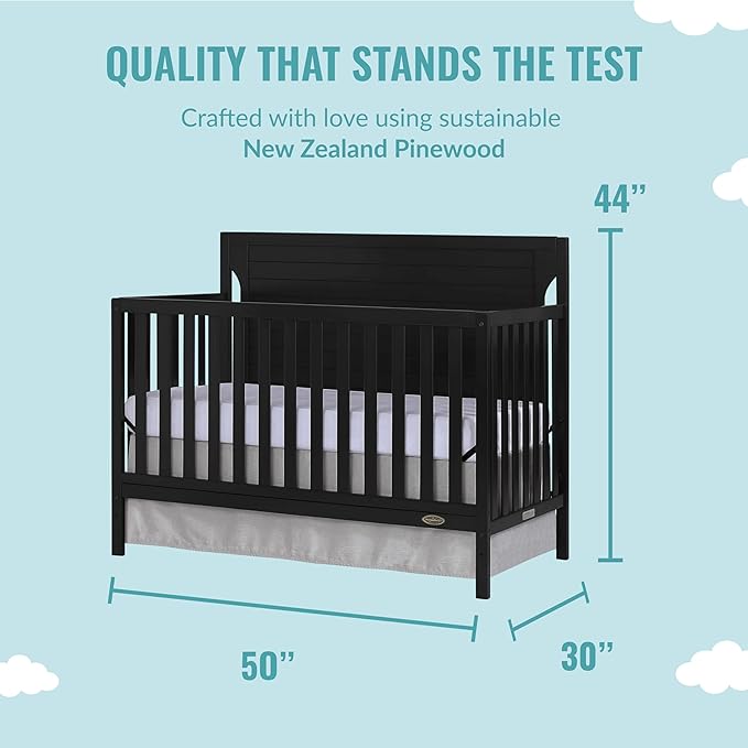 Cape Cod 5-In-1 Convertible Crib In Black, Greenguard Gold And JPMA Certified, Built Of Sustainable New Zealand Pinewood, 3 Mattress Height Positions