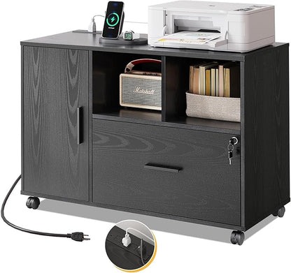 DEVAISE File Cabinet with Charging Station, 1-Drawer Lateral File Cabinets with lock for home office, Wooden Rolling Printer Stand with Shelves, Black