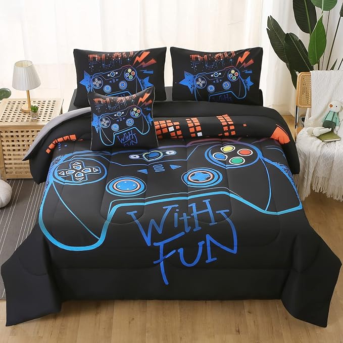 JQinHome Twin Gaming Comforter Sets for Boys,6 Piece Bed in A Bag 3D Video Game Bedding -All Season Soft Microfiber Gamer Bedding Sets for Kids, Pillowcase, Flat Sheet, Fitted Sheet,Cushion Cover