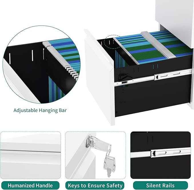 YITAHOME 2-Drawer Vertical File Cabinet with Lock, 20” Deep Mobile Metal Filing Cabinet for Legal/Letter Size, 20” Height Pre-Built Office Storage File Cabinet Except Wheels Under Desk - White