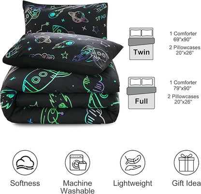 Aimuan Space Rocket Bedding Set Kid Comforter Set Full Size Super Soft & Cute Aliens UFO Printed Quilt Set for Teen Boys Girls (Black, Full)