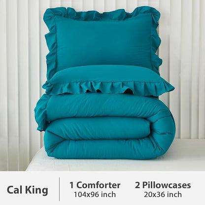 Andency California King Comforter Set Turquoise (104x96Inch), 3 Pieces Cal King Ruffle Comforter, Oversized Farmhouse Shabby Chic Bed Comforter, Lightweight and Soft Microfiber Bedding Set