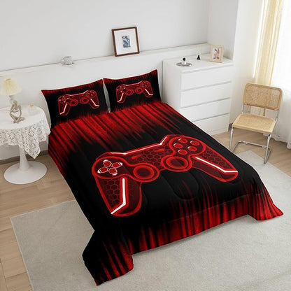 Feelyou Gamer Comforter Set Full Size Kids Game Controller Comforter for Boys Teens Red Black Bedding Set Gaming Duvet Set Room Decor Quilt Set