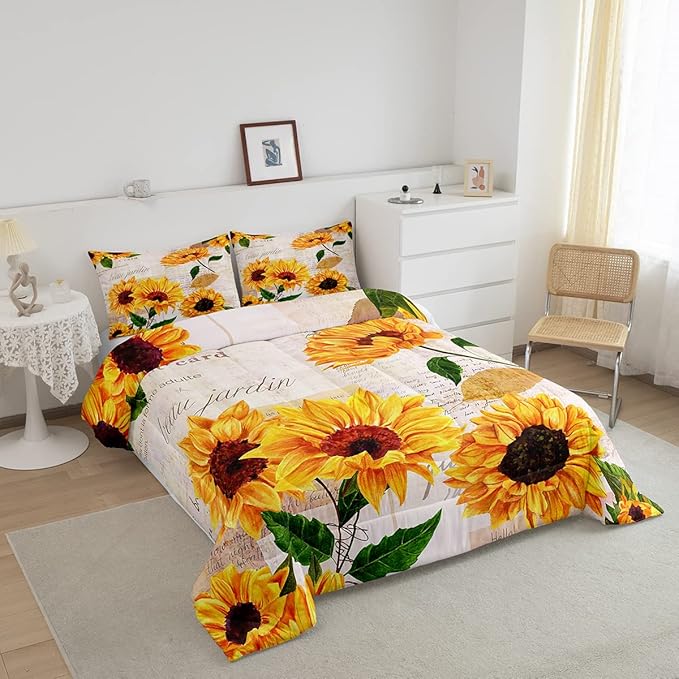 Girls Sunflowers Comforter Set Twin Size Retro Yellow Sunflower Bedding Set for Kids Teens Women Botanical Flowers Duvet Insert Vintage Floral Letters Down Comforter Kids Bedding Set, 2 Pieces