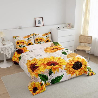 Girls Sunflowers Comforter Set Twin Size Retro Yellow Sunflower Bedding Set for Kids Teens Women Botanical Flowers Duvet Insert Vintage Floral Letters Down Comforter Kids Bedding Set, 2 Pieces