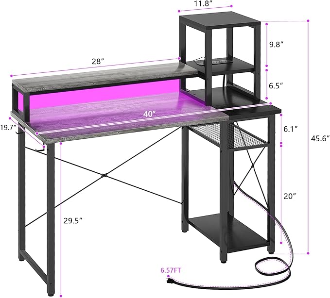 armocity 2024 Upgrade Gaming Desk with LED Lights, Small Computer Desk with Long Monitor Stand, 40'' Reversible Laptop Table with Storage Shelves, Small Desk for Small Spaces, Gaming Room, Grey