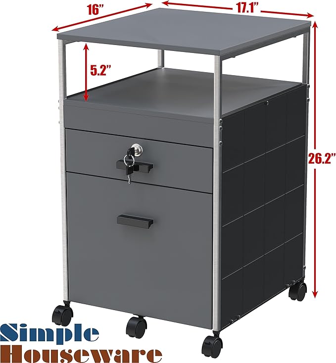 SHW Rolling File Cabinet w/ 2 Drawers & Open Shelf, Gray