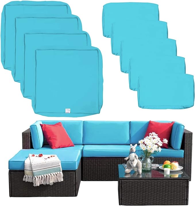 ClawsCover 9Pack Outdoor Seat and Back Cushions Replacement Covers Fit for 5 Pieces 4-Seater Wicker Rattan Patio Conversation Set Sectional Couch Furniture,Turquoise-Include Covers Only
