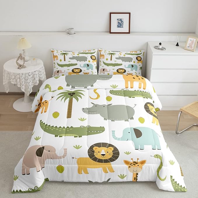 Feelyou Wild Animals Comforter Set Safari Animals Print Comforter for Boys Girls Teens Cute Hippo Crocodile Lion Bedding Set Kids Cartoon Elephant Giraffe Duvet Set Room Decor Quilt King Size Boys