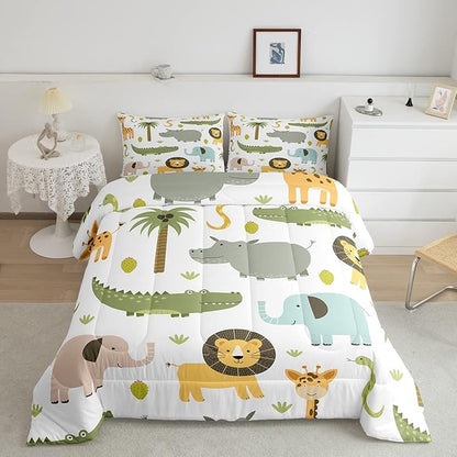 Wild Animals Comforter Set Safari Animals Print Comforter for Boys Girls Teens Cute Hippo Crocodile Lion Bedding Set Kids Cartoon Elephant Giraffe Duvet Set Room Decor Quilt Set Full Size
