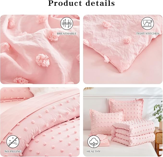 6 Pieces Tufted Dots Bed in a Bag Twin Comforter Set Girls Pink , Soft and Embroidery Shabby Chic Boho Bohemian Comforters, Luxury Solid Color with Pom Pom Design, Jacquard Tufts Bedding Set for Kids
