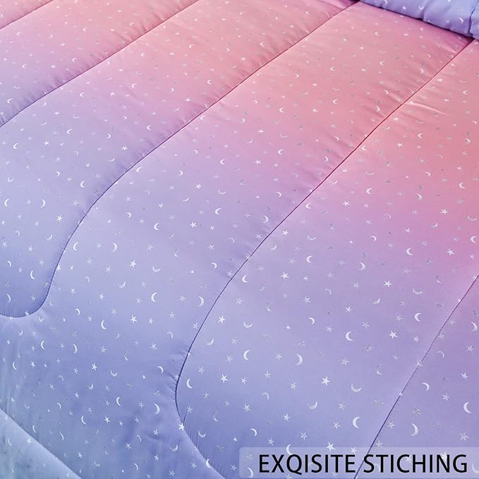 Rainbow Comforter Set for Teen Girls Women,Full/Queen Size 5 Piece Bed in A Bag,Metallic Printed Glitter Comforter and Sheets,Ultra Soft Microfiber All Season Bedding Set(Full/Queen,Blue)