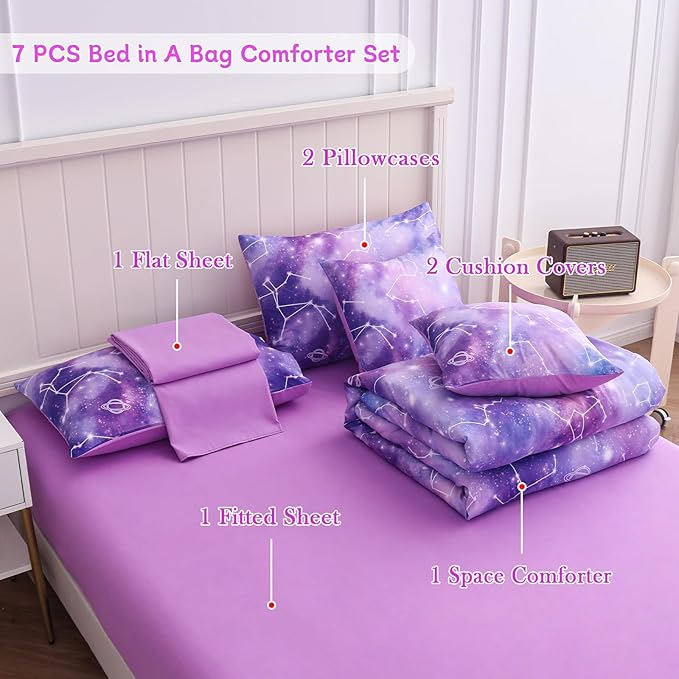 Full Size Bedding Sets Kids Bedding Sets for Girls,Galaxy Bedding 7pieces Glitter Pink Comforter Colorful Comforter Full Size Comforter Sets for Teen Girls(Multicolor)