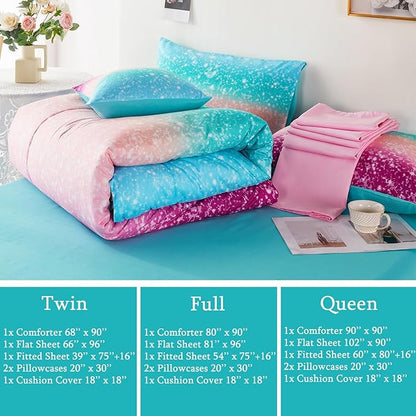 URBONUR Twin Bedding Set for Girls 6Pcs Bed in a Bag Gradient Tie Dye Pastel Aqua Comforter Set with Sheets, Soft Microfiber All Season Bed Sets (Multi, Twin Size)