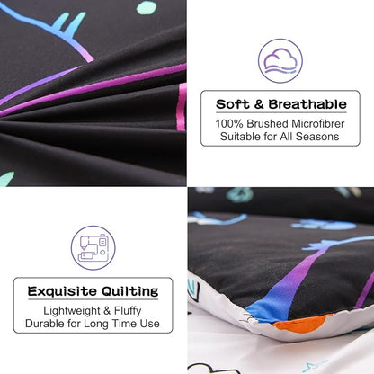 Meeting Story Dinosaur Comforter Set,Fluorescence Dinosaur Colorful Pattern Twin Comforter Set, 3 PCS 1 Comforter and 2 Pillowcases in One Bag, All Season Bedspread for Kids Teens Adults(Full)