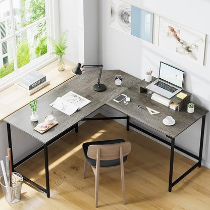Elephance 59" Large L Shaped Desk Corner Computer Desk with Monitor Stand Gaming Table Workstation for Home Office, Black Oak