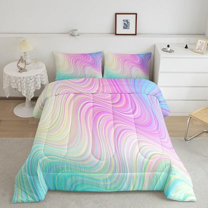 Pastel Rainbow Comforter Set with Pillowcases Abstract Wave Stripes 3D Printed Designs 3 Piece Bedroom Duvet Set Psychedelic Girl Bed Down Comforter for Kids Women Dorm Room (King,Coulourful Marble)