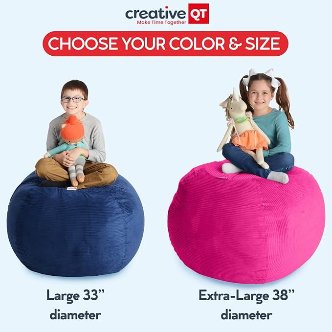 Creative QT Stuff ’n Sit Extra Large 38’’ Bean Bag Storage Cover for Stuffed Animals & Toys, Giant Beanbag Chair for Plush, Toddler & Kids Rooms Bedroom Organizer, Hot Pink Corduroy