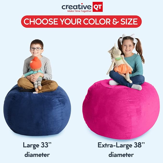 Creative QT Stuff ’n Sit Extra Large 38’’ Bean Bag Storage Cover for Stuffed Animals & Toys, Giant Beanbag Chair for Plush, Toddler & Kids Rooms Bedroom Organizer, Navy Polka Dot