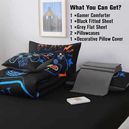 JQinHome Full Gaming Comforter Sets for Boys,6 Piece Bed in A Bag 3D Video Game Bedding -All Season Soft Microfiber Gamer Bedding Sets for Kids,Pillowcase, Flat Sheet, Fitted Sheet,Cushion Cover