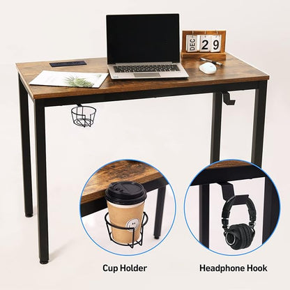 Computer Desk with Power Strip and Monitor Stand, 40" Desk for Home Office Small Space, Small Writing Desk Study Table Workstation with Cup Holder Headphone Hook, Easy Assembly