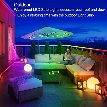 200ft Outdoor LED Strip Lights Waterproof 1 Roll,IP68 Outside Led Light Strips with App and Remote,Music Sync RGB Exterior Rope Self Adhesive Back for Deck,Balcony,Pool