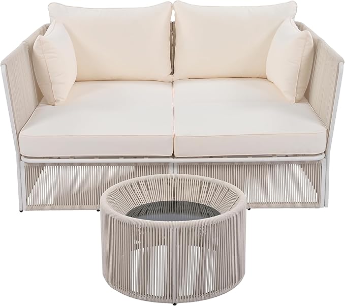 2-Piece Sunbed and Coffee Table, Patio Double Chaise Lounger Loveseat Daybed Outdoor Furniture Set for Backyard Poolside Lawn Balcony, Full, Ac-Beige