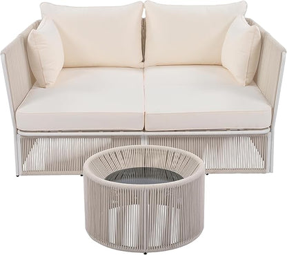 2-Piece Sunbed and Coffee Table, Patio Double Chaise Lounger Loveseat Daybed Outdoor Furniture Set for Backyard Poolside Lawn Balcony, Full, Ac-Beige