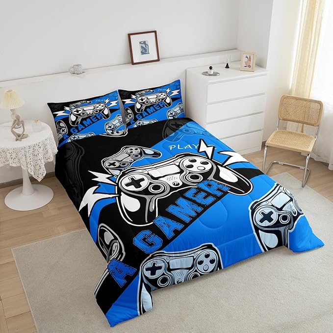 Erosebridal Gaming Bedding Sets for Boys Gamer Comforter Set Queen Size,Video Gaming Bedding Set Game Console Kids Comforter Sets 3Pcs Gamer Room Decor,Blue Black