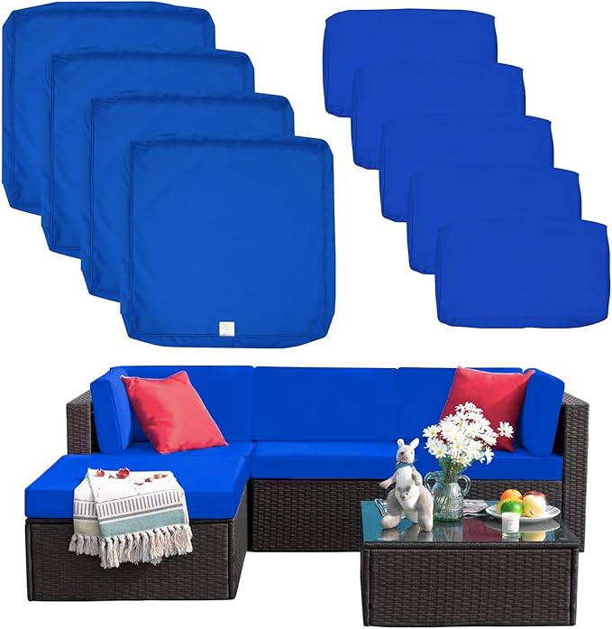 ClawsCover 9Pack Outdoor Seat and Back Cushions Replacement Covers Fit for 5 Pieces 4-Seater Wicker Rattan Patio Conversation Set Sectional Couch Furniture,Royal Blue-Include Cover Only(Small)