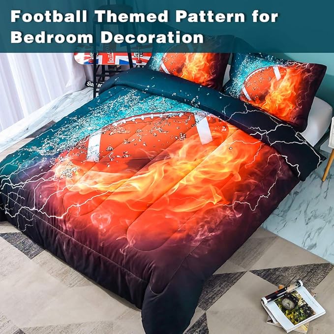 Andency 3D Football Comforter Queen(90x90 Inch), 3 Pieces(1 Football Comforter, 2 Pillowcases) Sport Microfiber Comforter Set Bedding Set for Boys Kids Teens