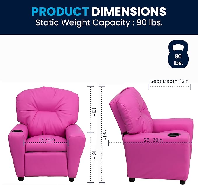 Flash Furniture Chandler Vinyl Kids Recliner with Cup Holder and Safety Recline, Contemporary Reclining Chair for Kids, Supports up to 90 lbs., Hot Pink