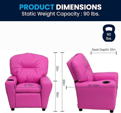 Flash Furniture Chandler Vinyl Kids Recliner with Cup Holder and Safety Recline, Contemporary Reclining Chair for Kids, Supports up to 90 lbs., Hot Pink
