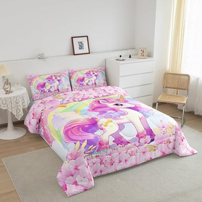 Cartoon Unicorn Kids Comforter Set Twin Size,Sakura Cherry Blossom Japanese Bedding Set,Girls Women Room Decor,Rainbow Unicorn Cute Down Comforter,Pink Purple Romantic Duvet Insert,1 Pillowcase